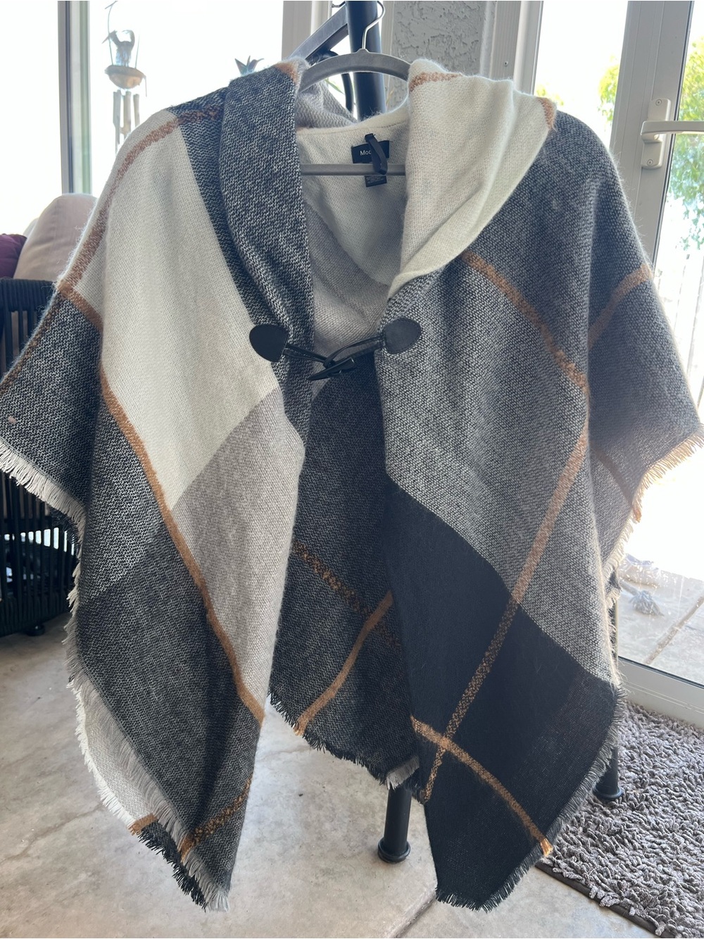 Cozy Hooded wool Poncho Wrap in Gray and Cream with Toggle Closure